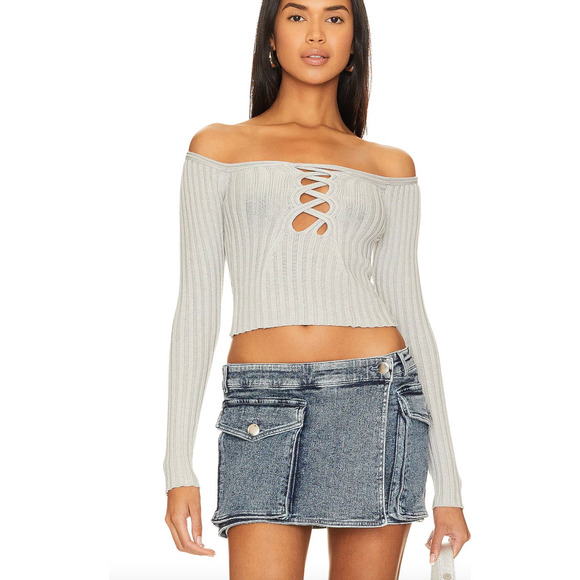 NBD Gray Off Shoulder Cropped Sweater SMALL Ribbed Revolve Designer $188 NEW - Picture 1 of 7